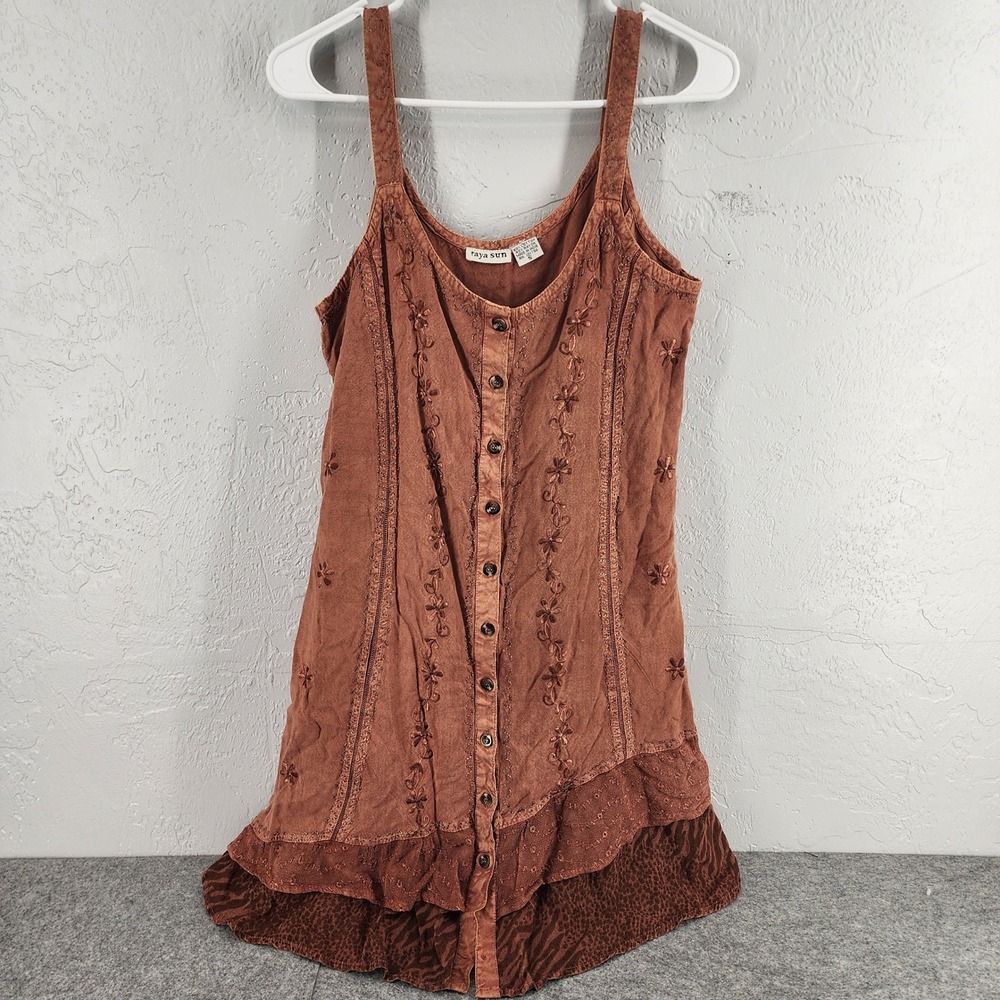 Raya Sun Small Brown Embroidered Boho Tiered Button Up Dress Womens